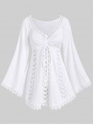 Plus Size Lace Trim Hollow Out Cinched Flare Sleeves T-shirt -  
