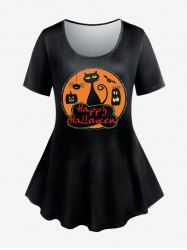 Cat Pumpkin Print Halloween Graphic Tee -  