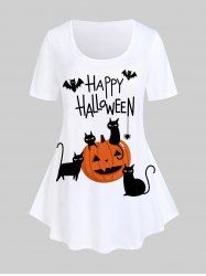 T-shirt D'Halloween à Imprimé Graphique Chat et Citrouille Grande Taille - Blanc 5x | US 30-32