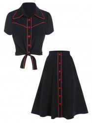 Contrast Pipe Tied Button-up Shirt and A Line Midi Skirt Two Piece Outfit -  