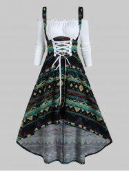 Robe Haute Basse Géométrique à Imprimé Tribal à Epaule Dénudée à Lacets - Noir XL