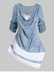 Colorblock Space Dye Print Asymmetric Cowl Collar Lace Ruffled T Shirt -  