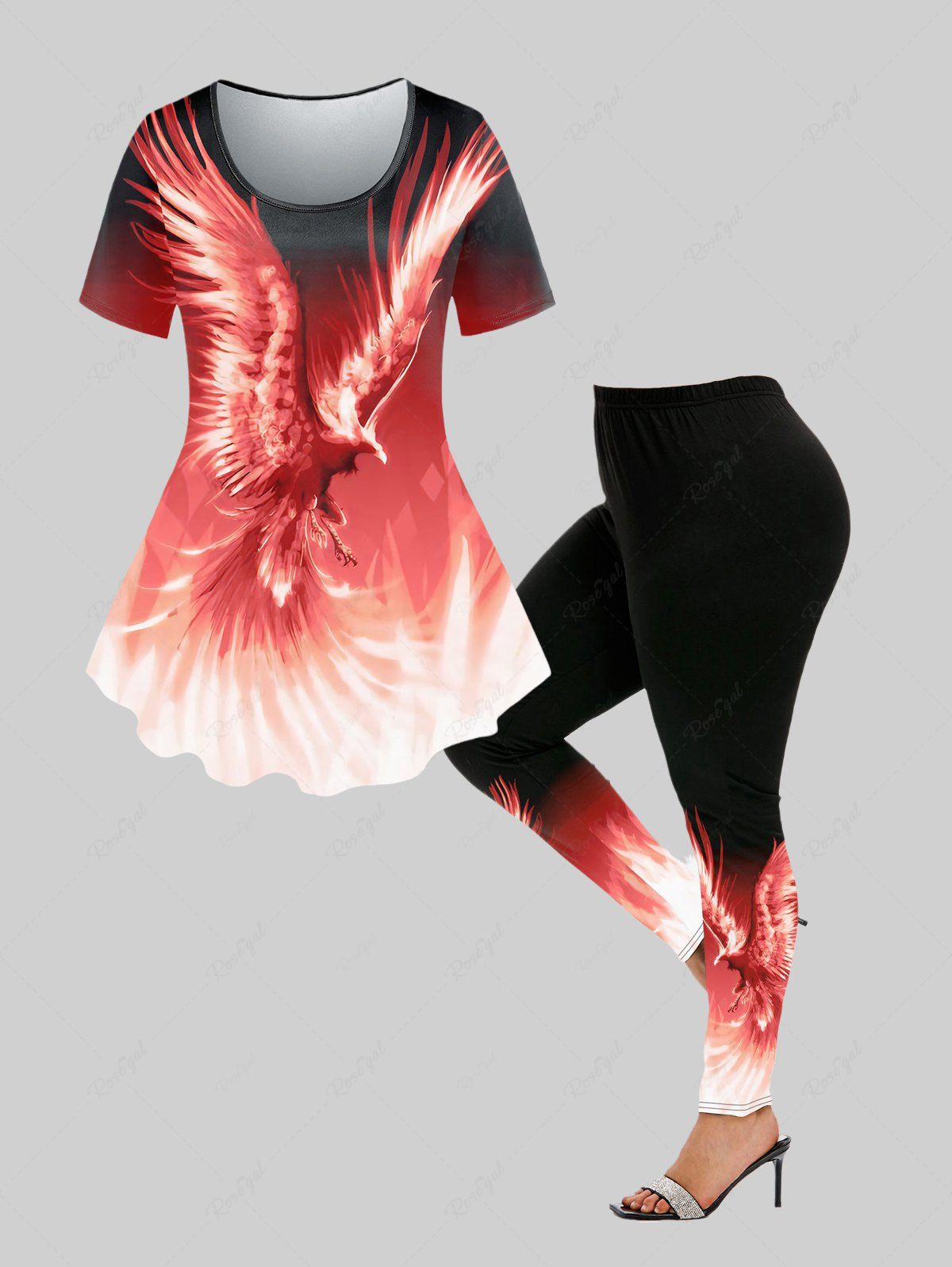 Fashion Fire Phoenix Printed Tee and High Rise Skinny Leggings Plus Size Matching Set Outfit  