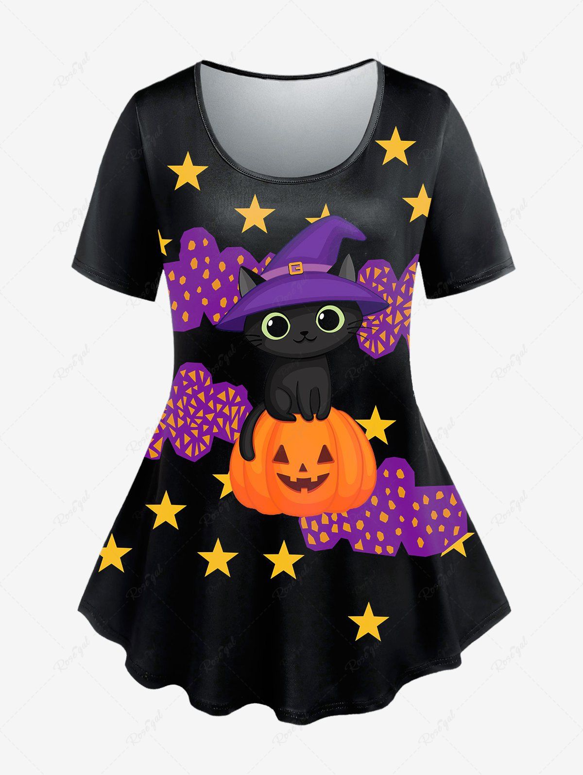 T-shirt D'Halloween à Imprimé Chat Citrouille de Grande Taille Noir 5x | US 30-32