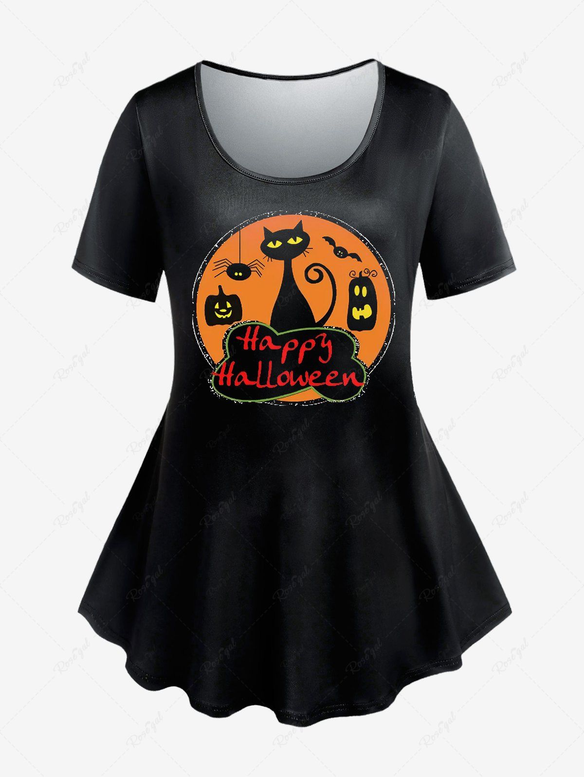 T-shirt D'Halloween Graphique à Imprimé Chat Citrouille Noir 