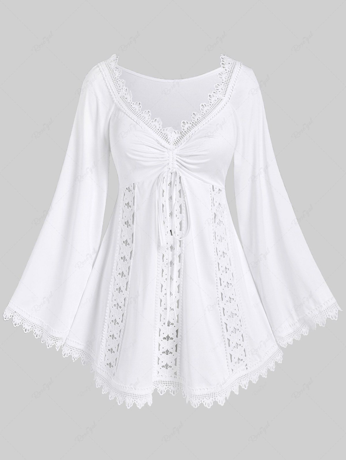 Fashion Plus Size Lace Trim Hollow Out Cinched Flare Sleeves T-shirt  