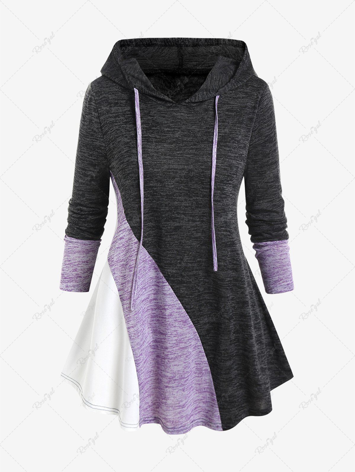 Online Plus Size Drawstring Hooded Space Dye Long Sleeves T-shirt  