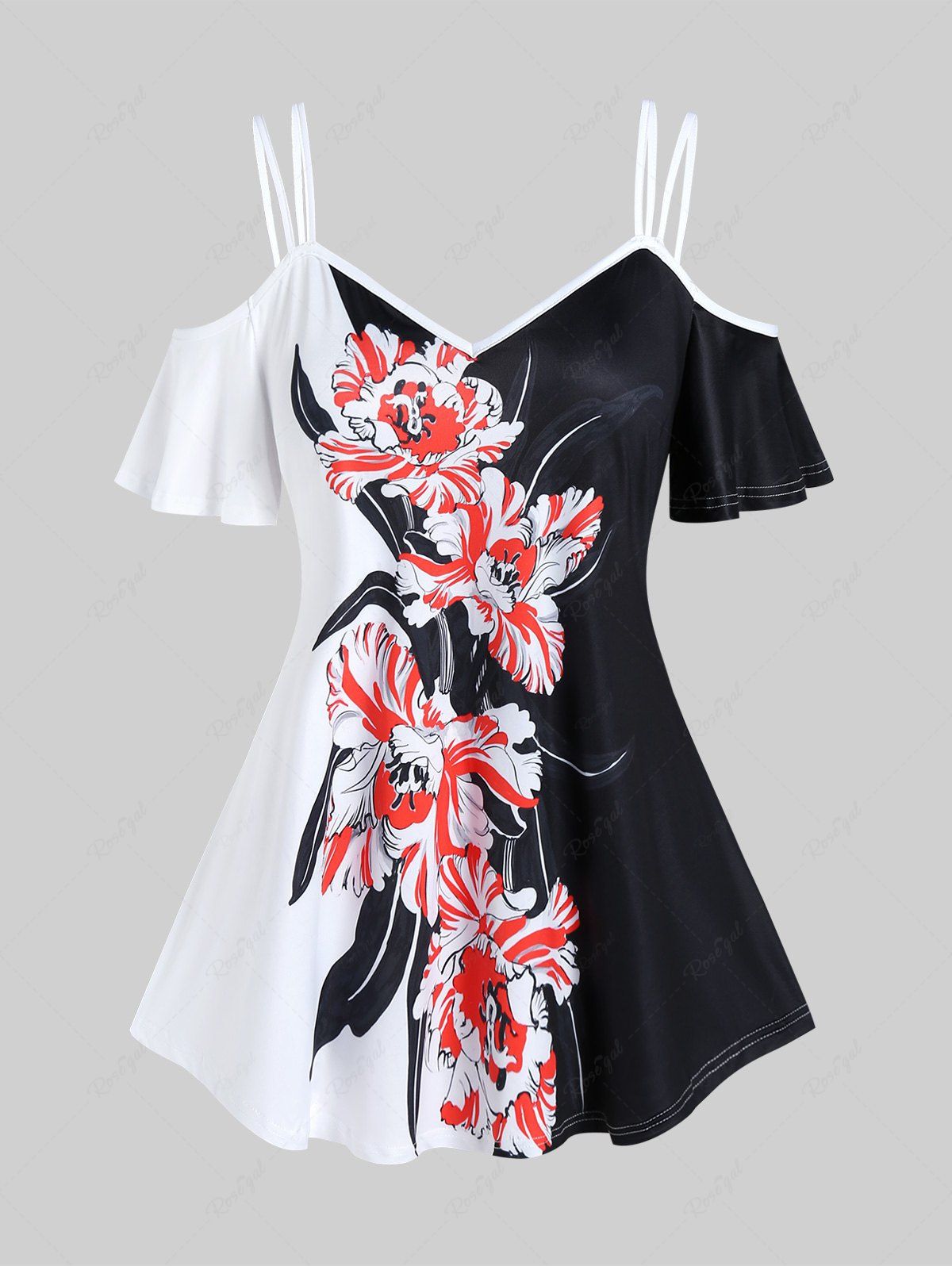 Outfit Plus Size Floral Print Colorblock Cold Shoulder Tee  