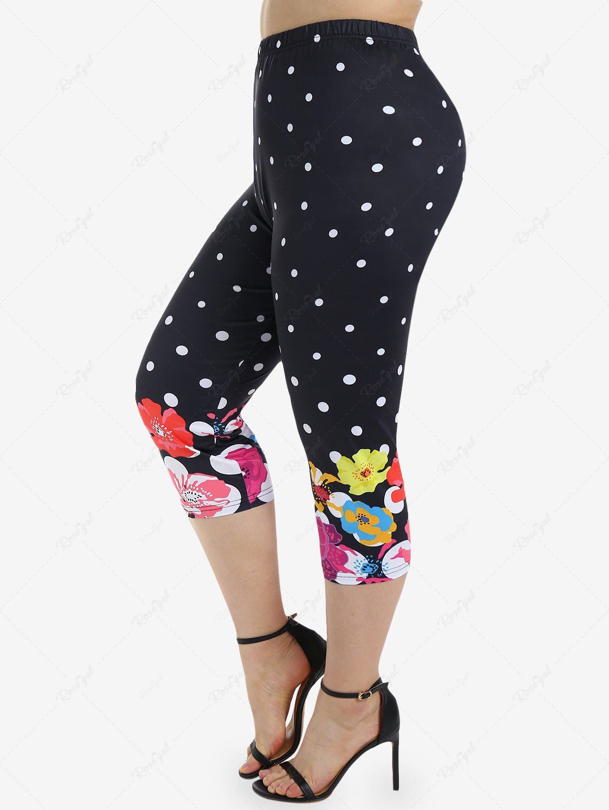 Fashion Plus Size Polka Dot Floral Print Capri Leggings  