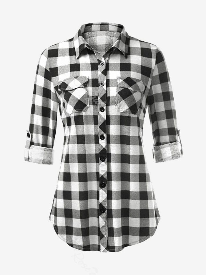 Shops Plus Size Roll Up Sleeve Double Pocket Checked Shirt  