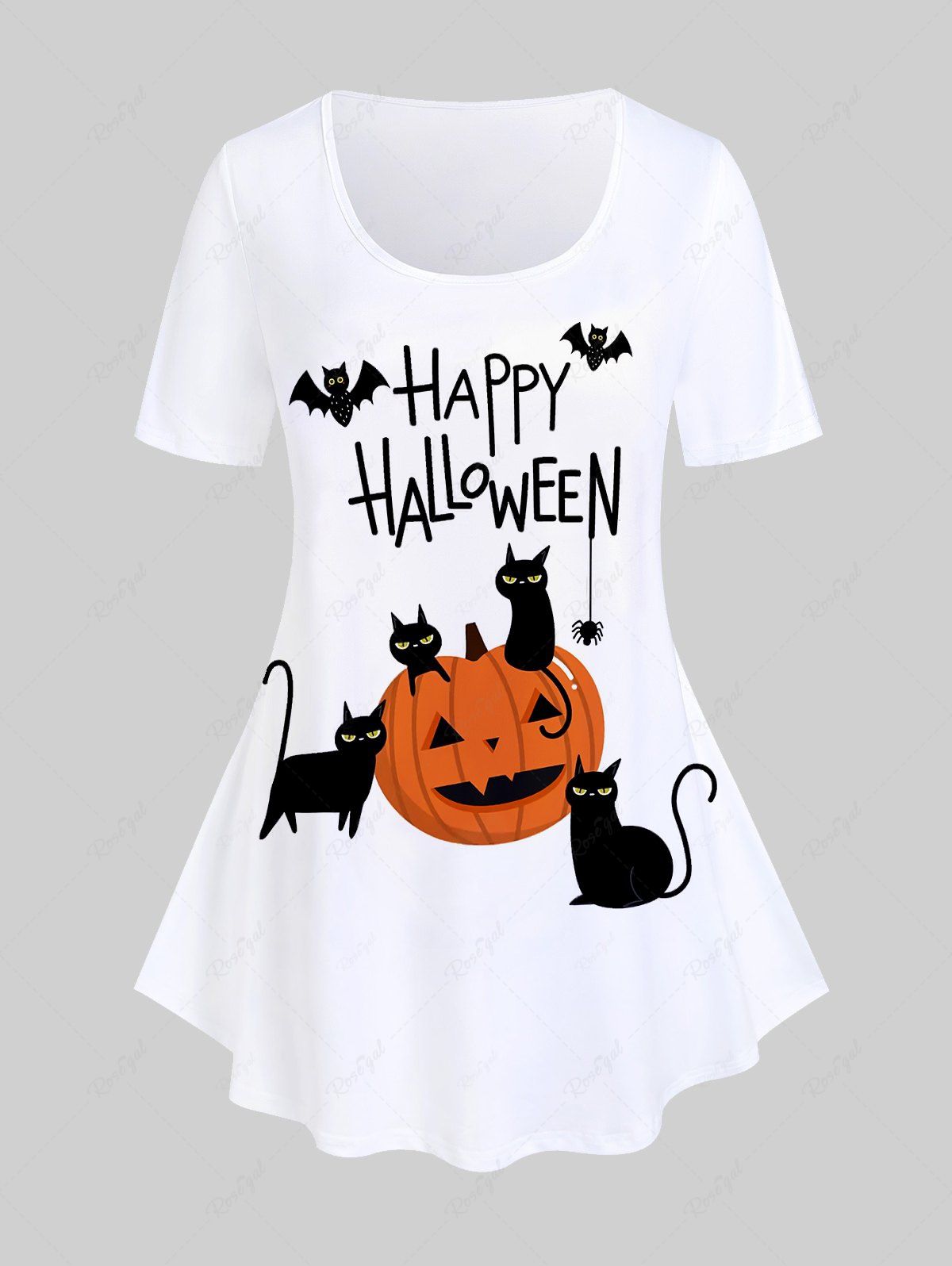 T-shirt D'Halloween à Imprimé Graphique Chat et Citrouille Grande Taille Blanc 