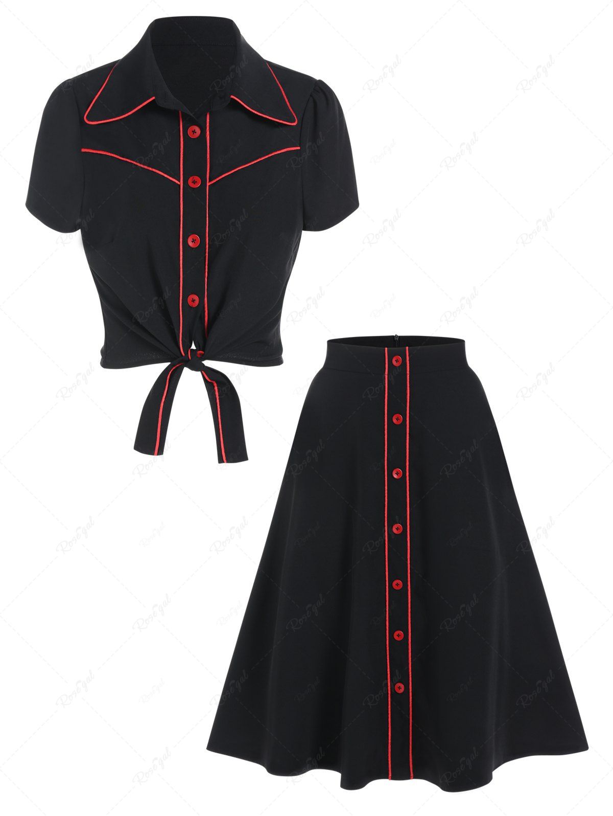 Best Contrast Pipe Tied Button-up Shirt and A Line Midi Skirt Two Piece Outfit  