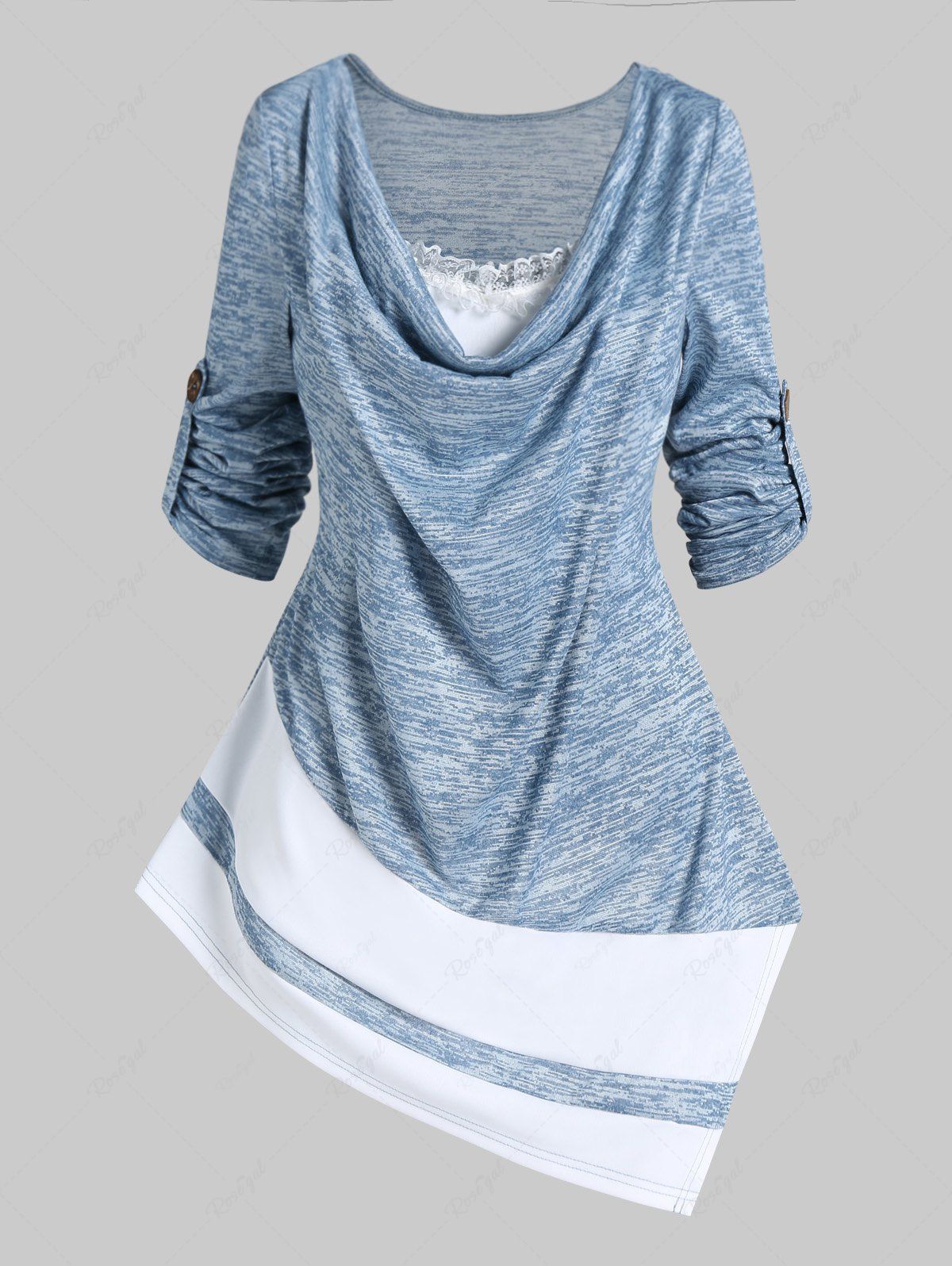 Latest Colorblock Space Dye Print Asymmetric Cowl Collar Lace Ruffled T Shirt  