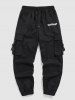 Letter Printed Buckle Strap Multi-pocket Cargo Pants -  