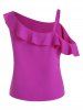 Plus Size Solid Color Flounce Skew Neck Summer Casual Blouse -  