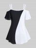 T-shirt à Imprimé Fleuri en Blocs de Couleurs à Epaule Ouverte de Grande Taille - Noir 5x | US 30-32