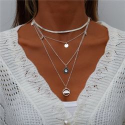 Multi Layered Chains Pendant Choker Necklace - SILVER