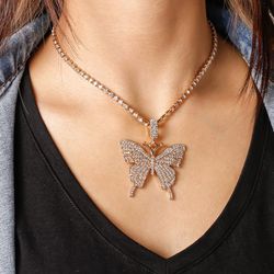 Exaggerated Rhinestone Large Butterfly Pendant Necklace - GOLDEN