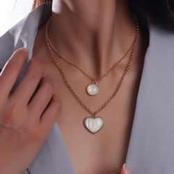 Layered Faux Opal Heart Pendant Choker Necklace - GOLDEN