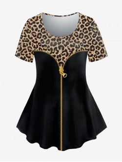 Plus Size Short Sleeve Zipper Leopard Print Tee - BLACK - M | US 10