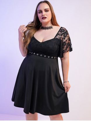 Plus Size Lace Panel Grommet Flutter Sleeves A Line Party Dress