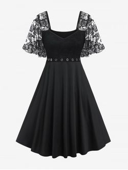 Plus Size Lace Panel Grommet Flutter Sleeves A Line Party Dress - BLACK - 3X | US 22-24