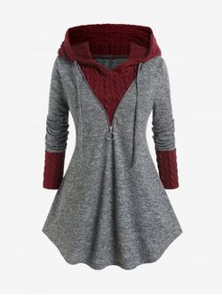 Plus Size Hooded Drawstring Cable Knit Mixed Media Top - GRAY - 2X | US 18-20