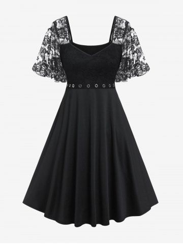 Plus Size Lace Panel Grommet Flutter Sleeves A Line Party Dress - BLACK - L | US 12