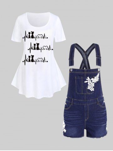 Graphic Cat ECG Print Tee and Applique Frayed Denim Overall Shorts Plus Size Outfit