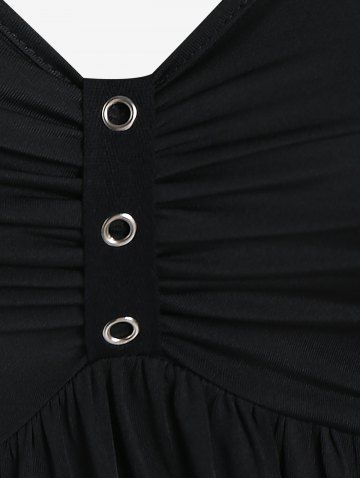 Plus Size Skull Fishnet Panel Ruched Crisscross O-Ring Buckle Dress