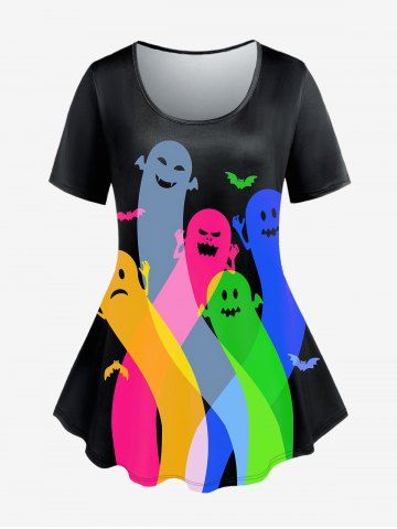 T-Shirt à Manches Courtes à Imprimé Fantômes de Dessin Animé D'Halloween Grande-Taille - BLACK - M | US 10