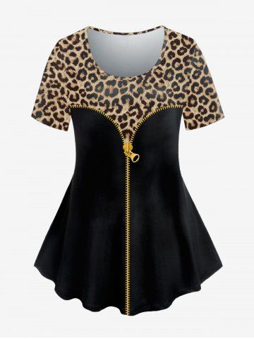 Plus Size Short Sleeve Zipper Leopard Print Tee - BLACK - L | US 12