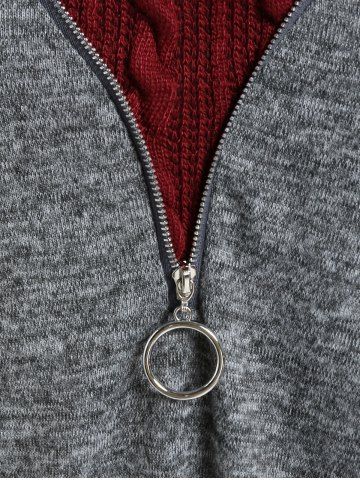 Plus Size Hooded Drawstring Cable Knit Mixed Media Top