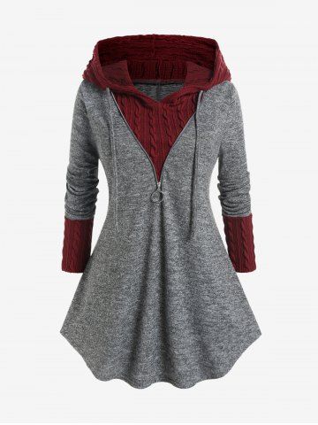 Haut à Capuche Noué en Tricot à Câble de Grande Taille à Cordon - GRAY - 4X | US 26-28