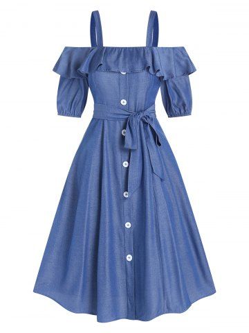 Robe Mi-Longue D'Eté Décontractée Boutonnée à Epaule Dénudée en Couleur Unie à Volants - DEEP BLUE - XXXL