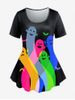 T-Shirt à Manches Courtes à Imprimé Fantômes de Dessin Animé D'Halloween Grande-Taille - Noir 