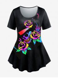 T-shirt Gothique à Imprimé Rose Colorée Crâne - Noir M | US 10