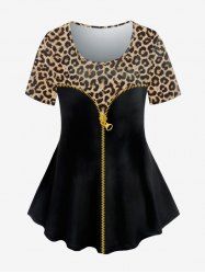 Plus Size Short Sleeve Zipper Leopard Print Tee -  