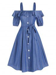 Solid Color Casual Cold Shoulder Flounce Button A Line Midi Summer Dress -  