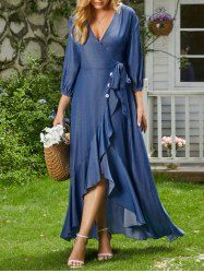 Chambray Long Sleeve Mock Button Ruffle High Low Self Belted Maxi Dress -  
