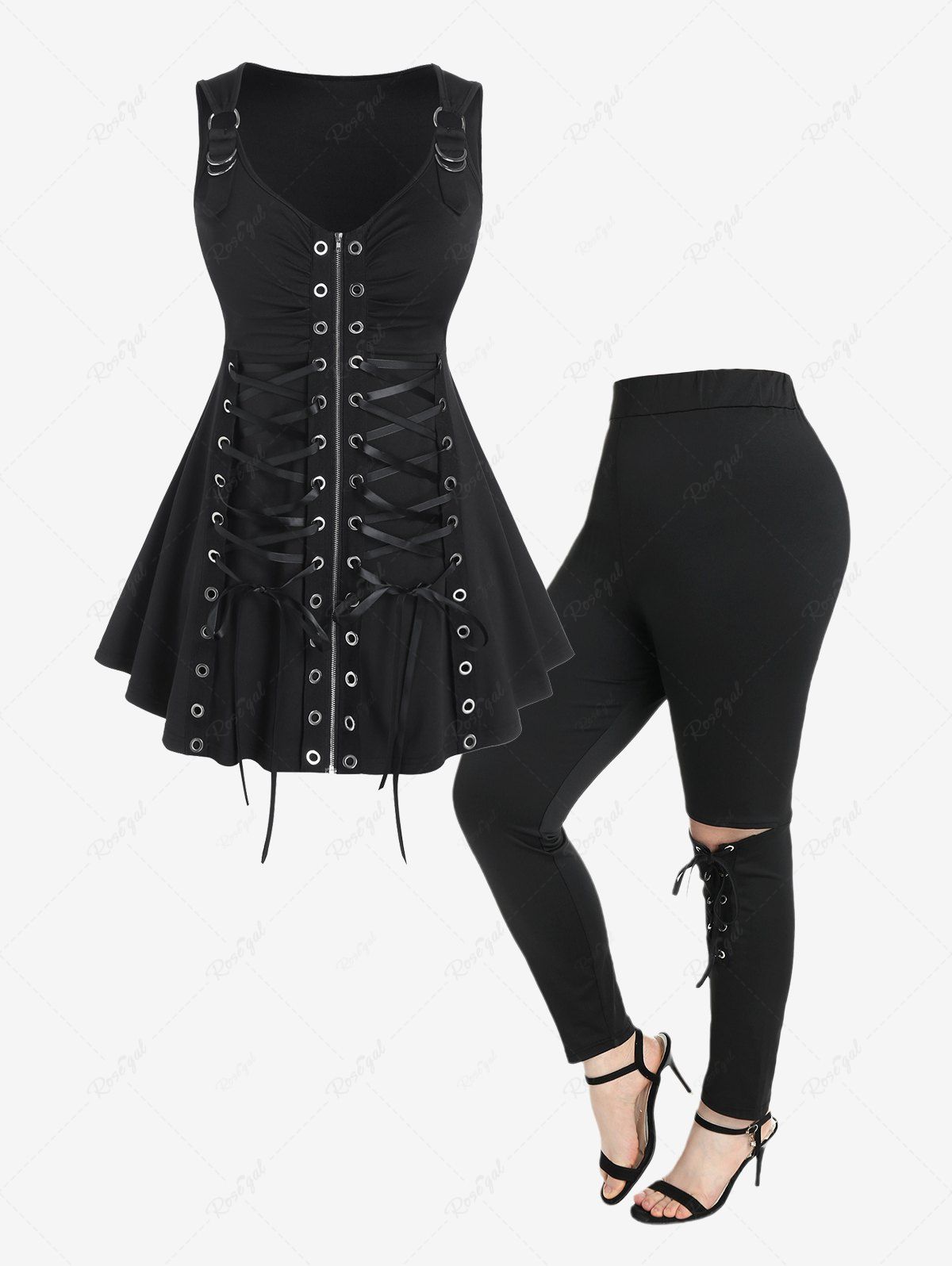 Trendy Gothic Lace Up Grommets Full Zipper Tank Top and Lace Up Cutout Solid Pull On Pants Outfit  