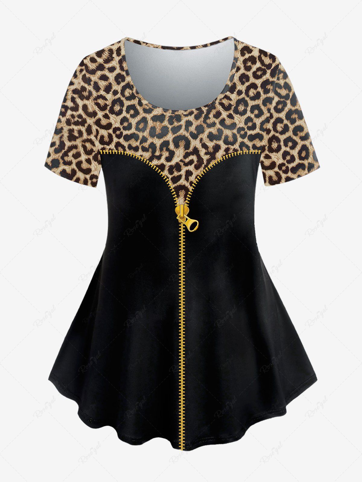 New Plus Size Short Sleeve Zipper Leopard Print Tee  