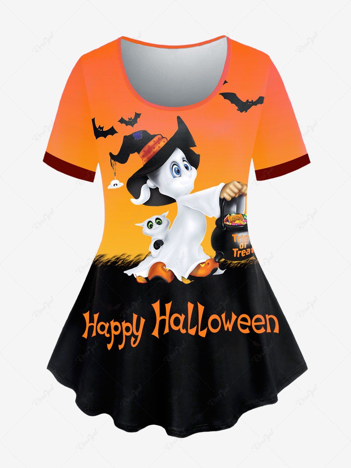 T-shirt D'Halloween à Imprimé Chauve-souris et Sorcière de Grande Taille Orange Foncé 1X | US 14-16