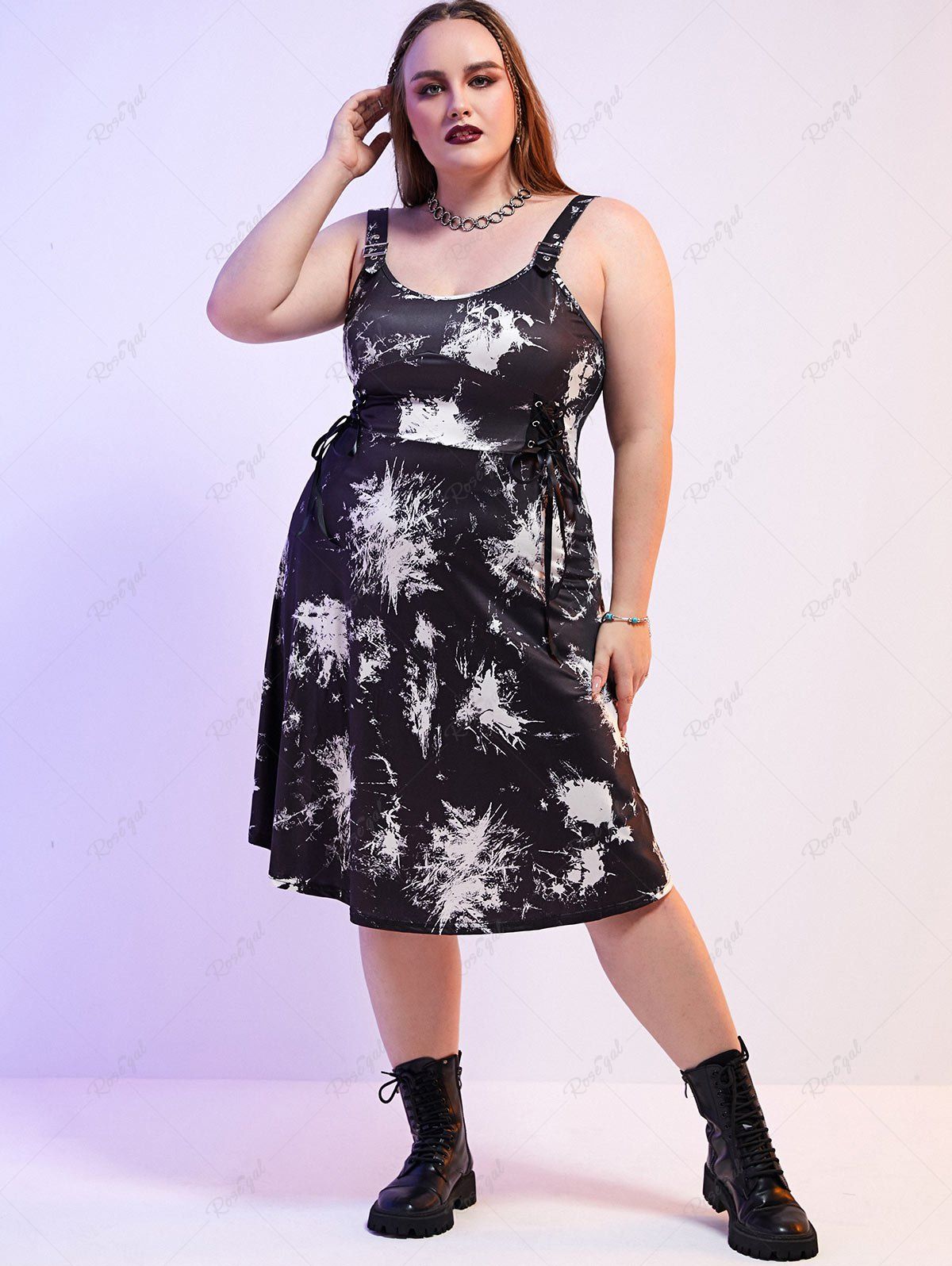 Affordable Plus Size Colorblock Lace Up Backless Buckles Sleeveless Gothic Midi Dress  