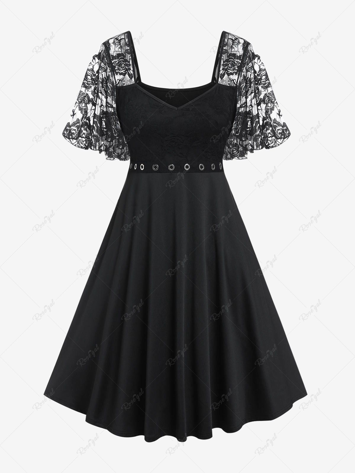 Trendy Plus Size Lace Panel Grommet Flutter Sleeves A Line Party Dress  