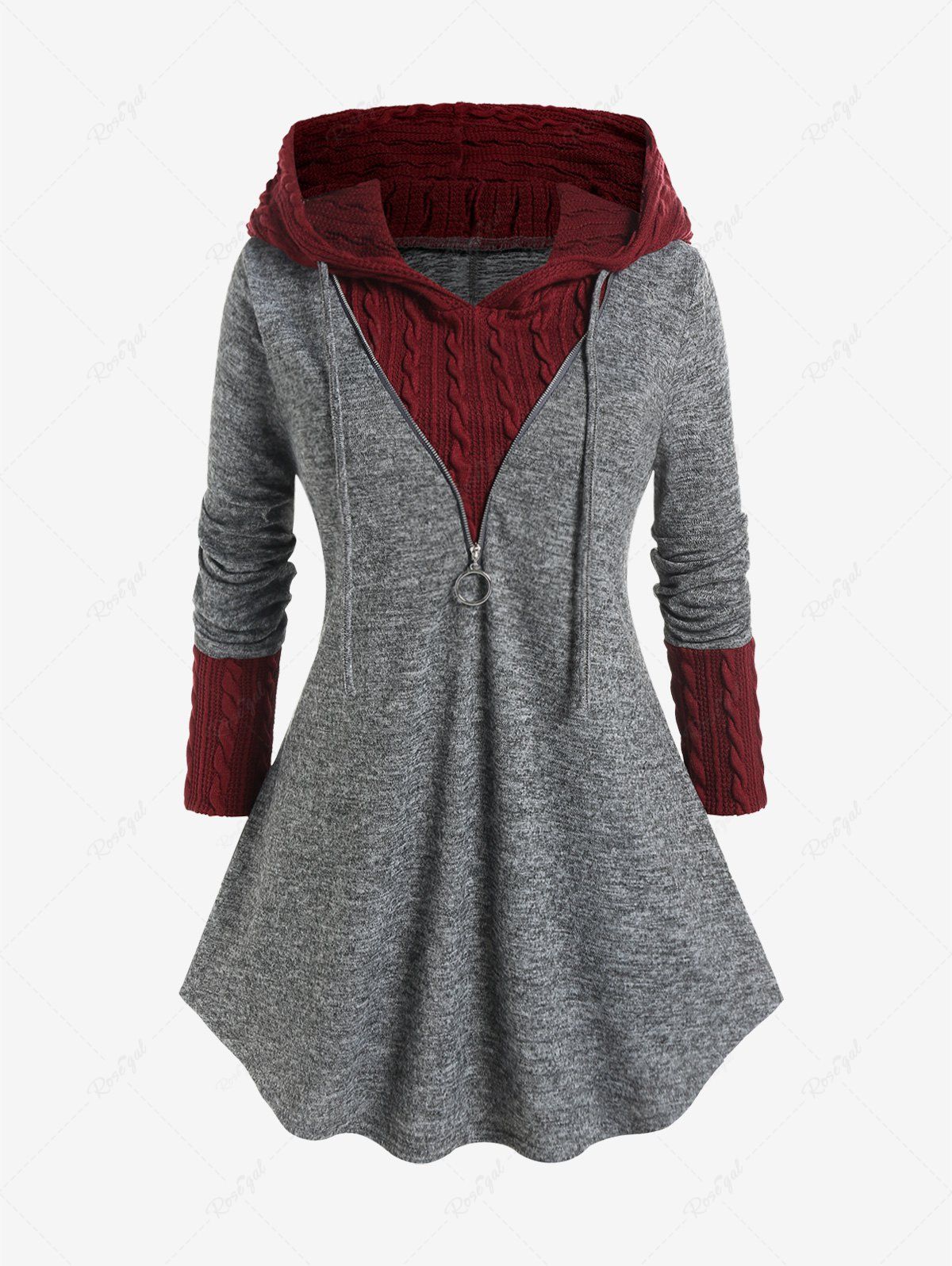 Store Plus Size Hooded Drawstring Cable Knit Mixed Media Top  