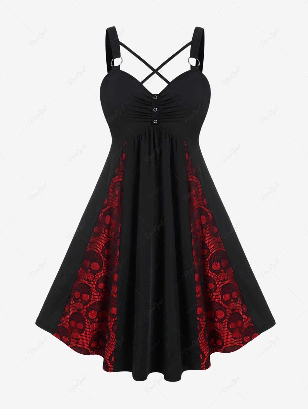 Outfits Skull Lace Panel Ruched Crisscross Godet Hem A Line Gothic Dress  