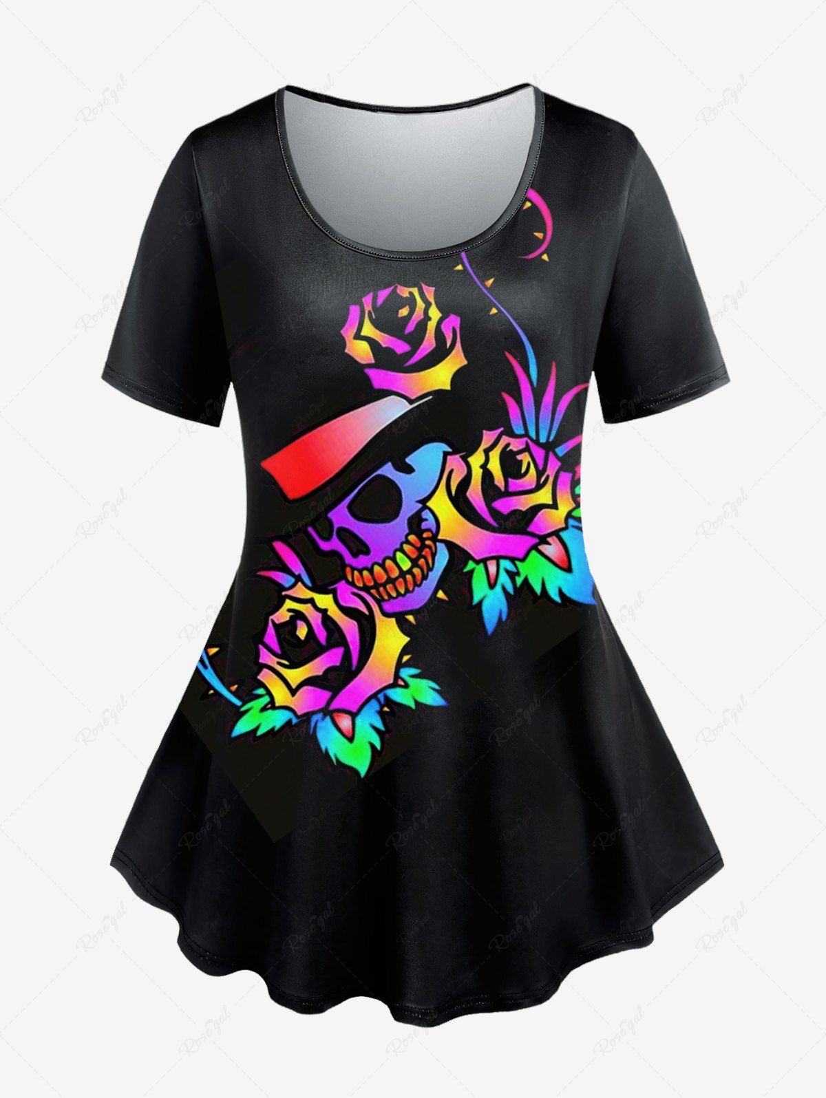 Cheap Gothic Colorful Rose Skulls Printed Tee  