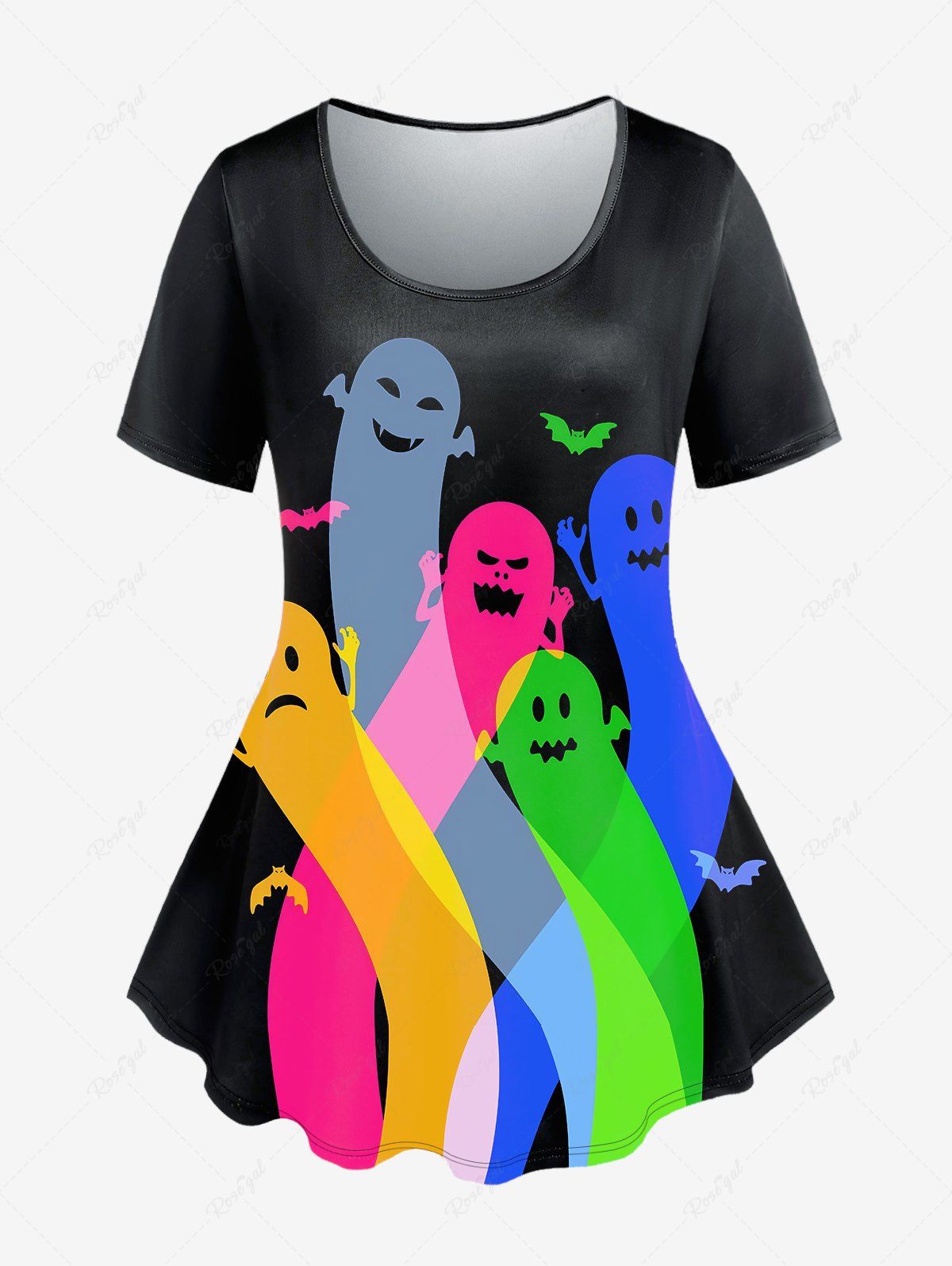 T-Shirt à Manches Courtes à Imprimé Fantômes de Dessin Animé D'Halloween Grande-Taille Noir 