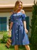 Solid Color Casual Cold Shoulder Flounce Button A Line Midi Summer Dress -  